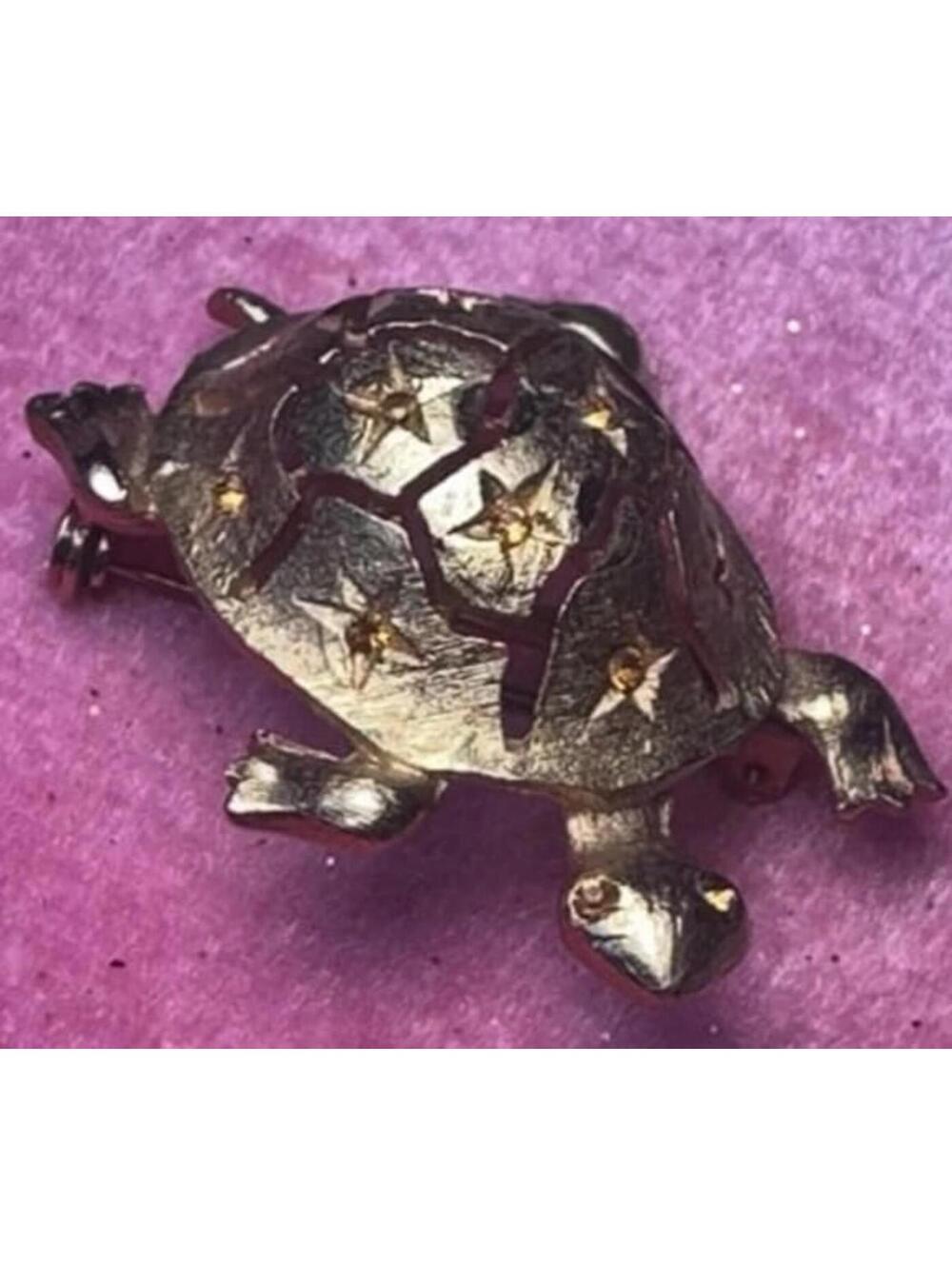 Vintage turtle citrine gem stars gold filled small turtle pin 1.5” H x 1” W EUC
